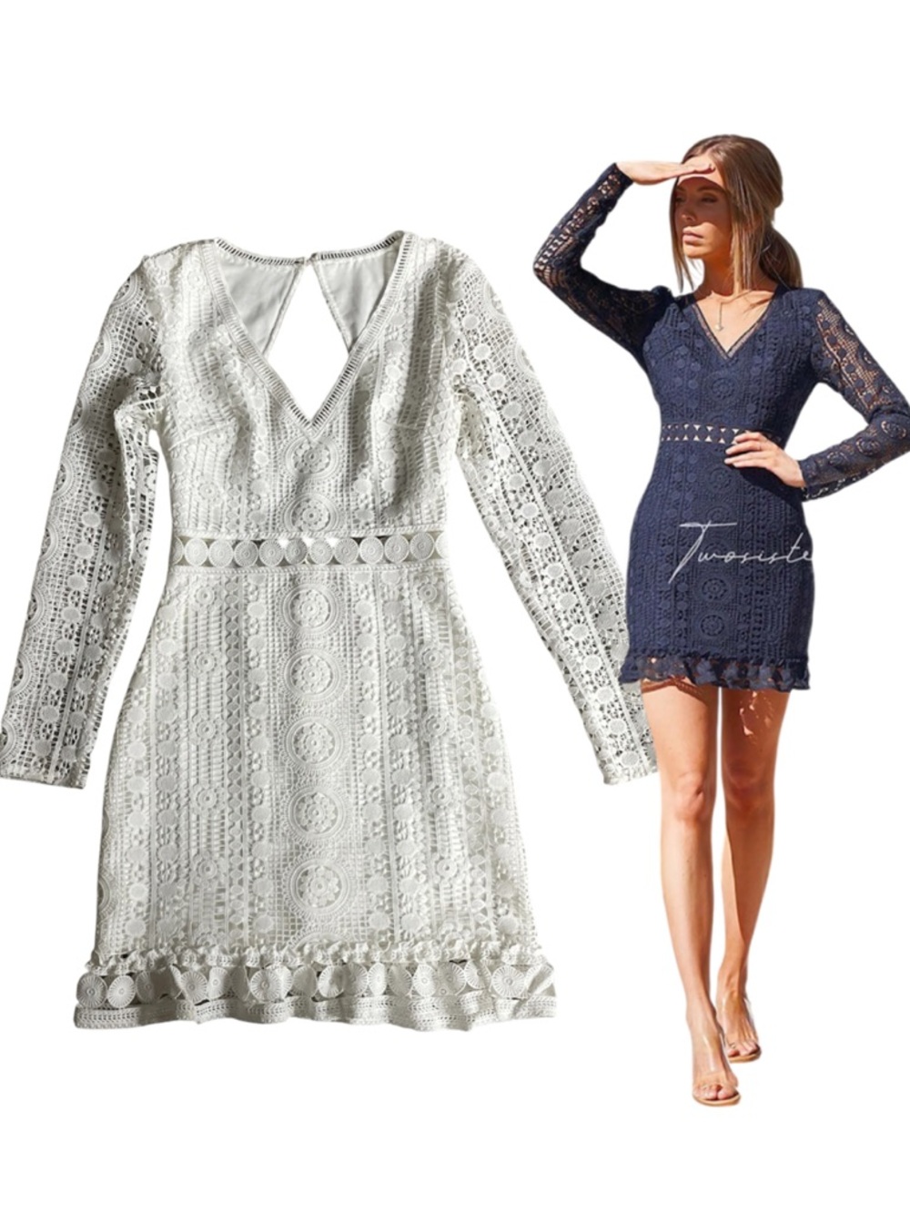 Two Sisters The Label Emery Dress White Lace Open Back Long Sleeve V Neck XS